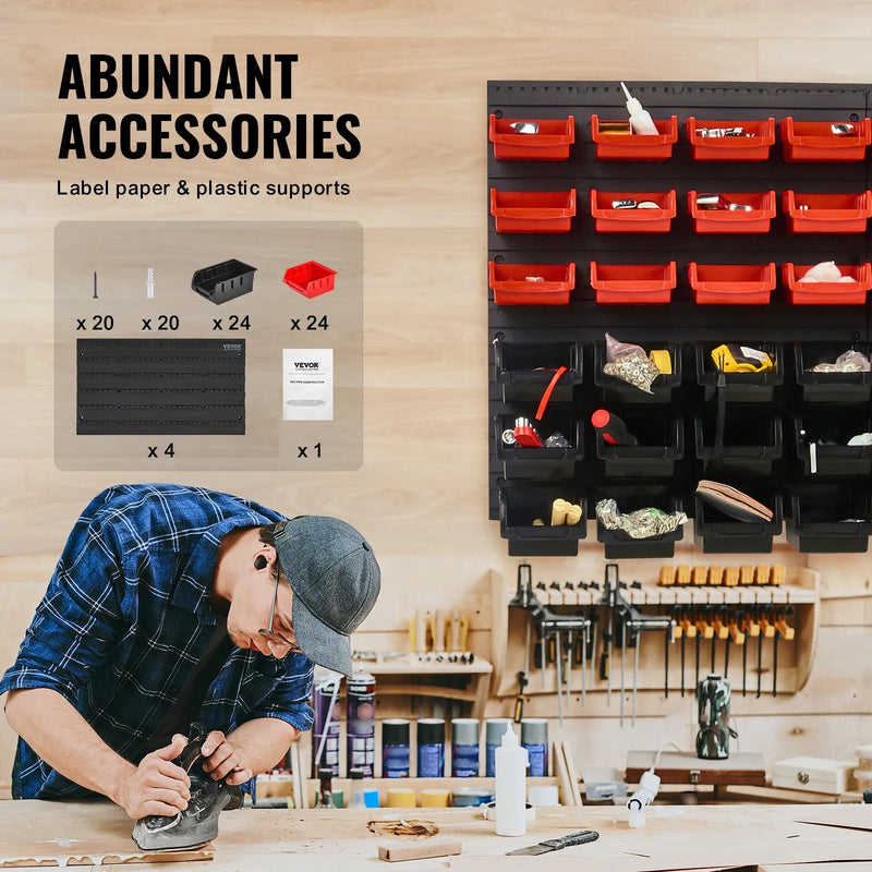 VEVOR pie sienas stiprināms uzglabāšanas kārbu organizators ar 48 konteineriem, plastmasas detaļu plaukts ar sienas paneļiem darbnīcai un garāžai, piemērots skrūvēm, uzgriežņiem, naglām, pogām, pērlītēm un citām sīkām detaļām, melns/sarkans