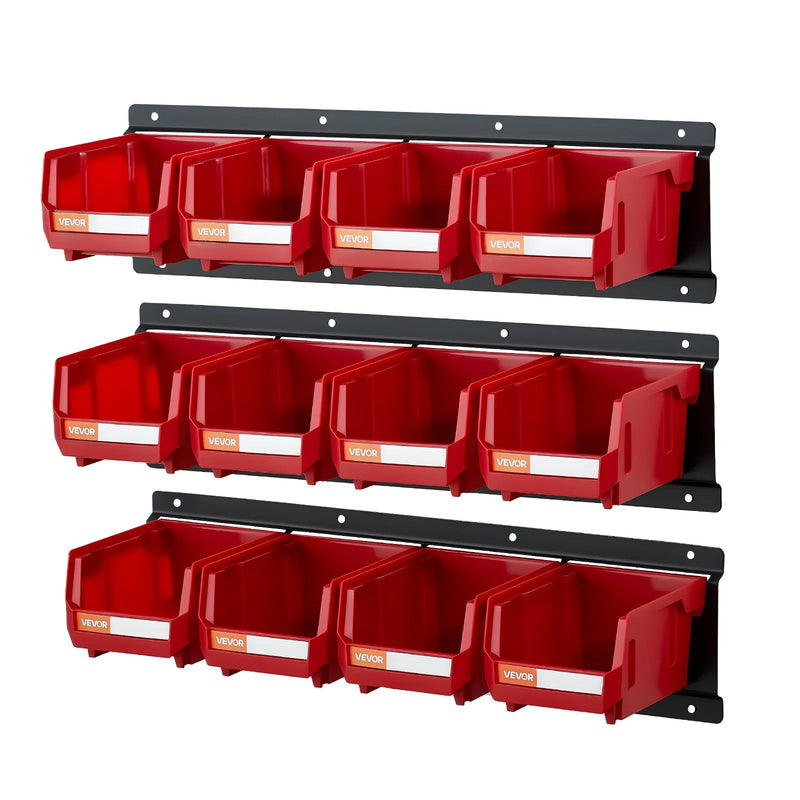 VEVOR sienas stiprināmo uzglabāšanas kastīšu komplekts, 12 plastmasas kastītes un 3 metāla sliedes, piekaramās un sakraujamās kastītes skrūvēm, uzgriežņiem, naglām un aprīkojumam, darbnīcai un garāžai, sarkans