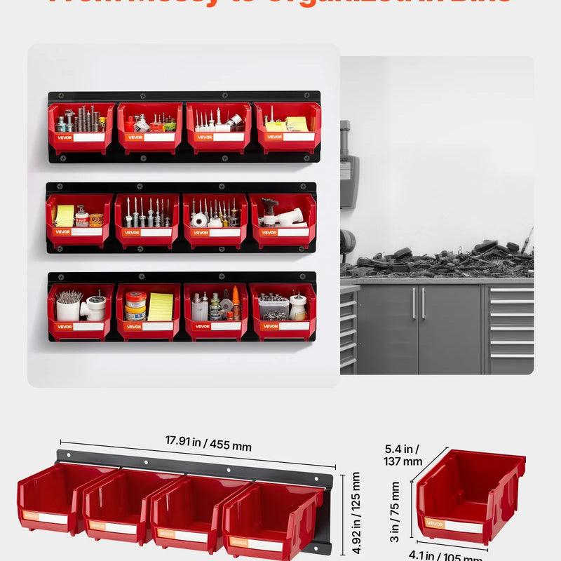 VEVOR sienas stiprināmo uzglabāšanas kastīšu komplekts, 12 plastmasas kastītes un 3 metāla sliedes, piekaramās un sakraujamās kastītes skrūvēm, uzgriežņiem, naglām un aprīkojumam, darbnīcai un garāžai, sarkans