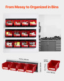 VEVOR sienas stiprināmo uzglabāšanas kastīšu komplekts, 12 plastmasas kastītes un 3 metāla sliedes, piekaramās un sakraujamās kastītes skrūvēm, uzgriežņiem, naglām un aprīkojumam, darbnīcai un garāžai, sarkans