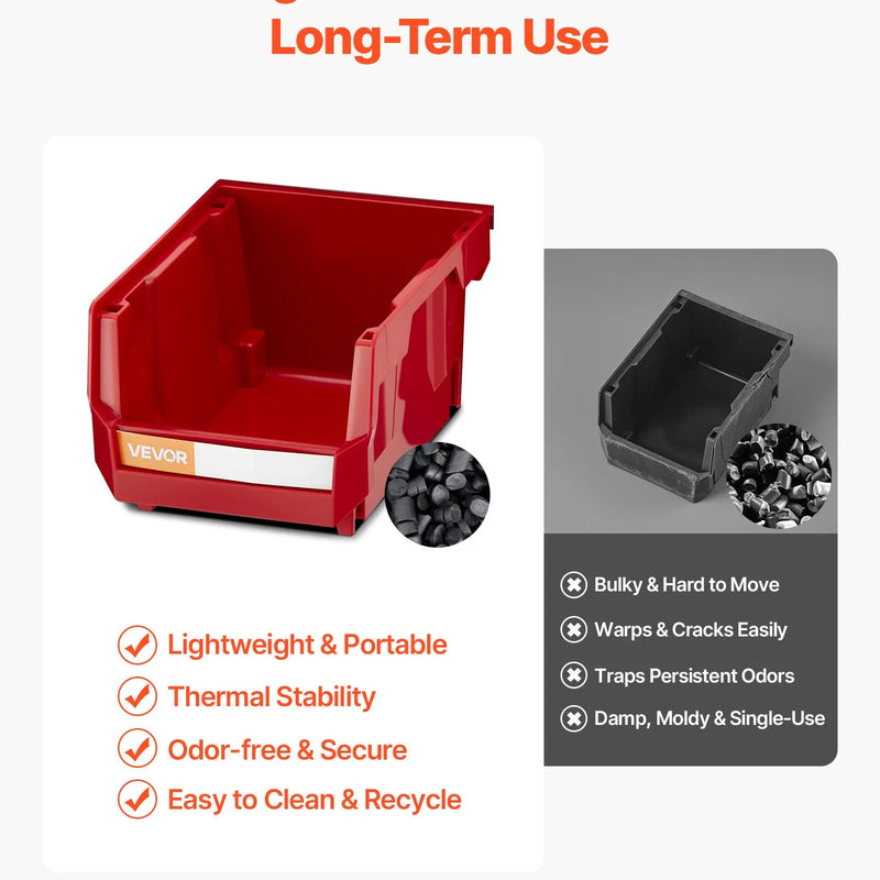 VEVOR sienas stiprināmo uzglabāšanas kastīšu komplekts, 12 plastmasas kastītes un 3 metāla sliedes, piekaramās un sakraujamās kastītes skrūvēm, uzgriežņiem, naglām un aprīkojumam, darbnīcai un garāžai, sarkans