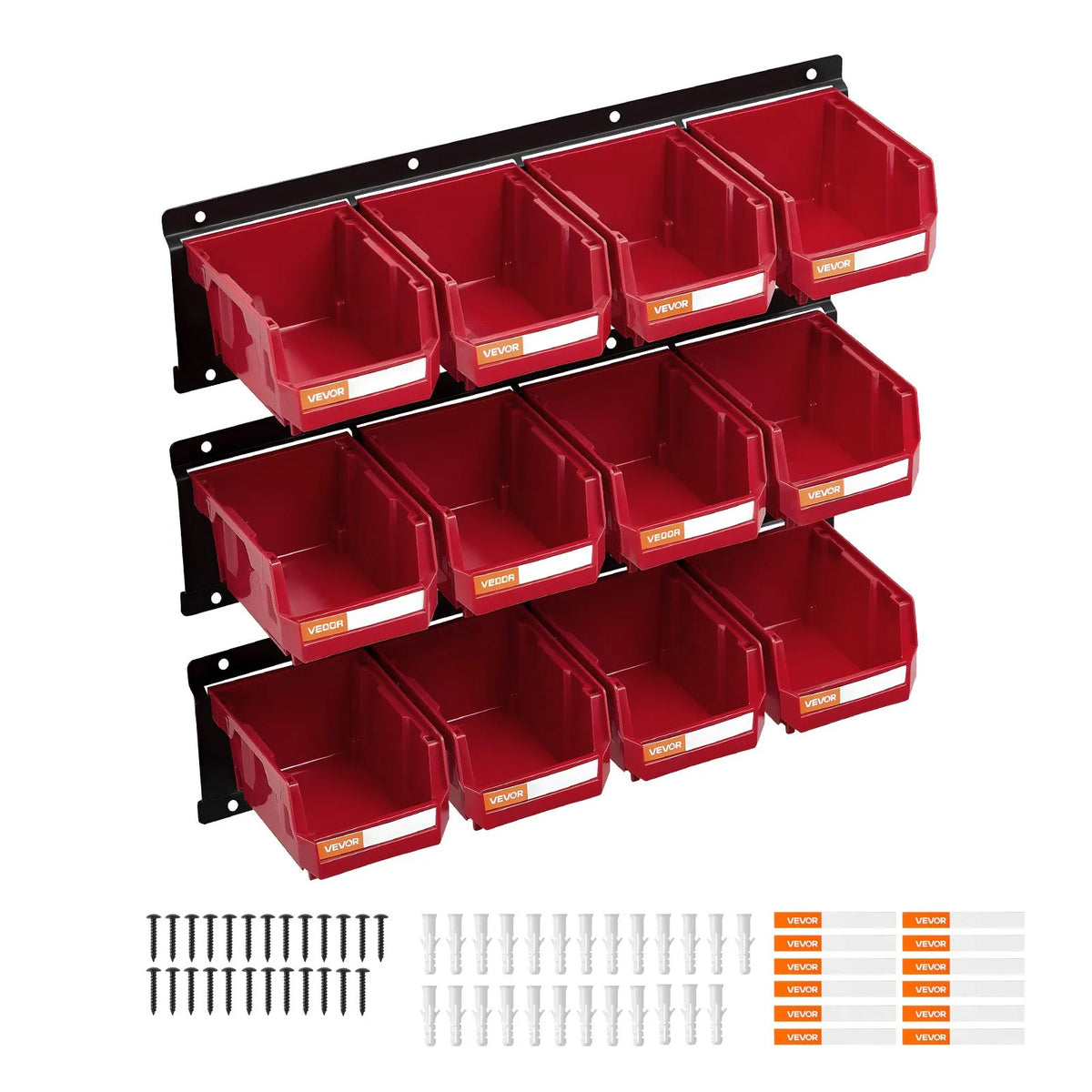 VEVOR sienas stiprināmo uzglabāšanas kastīšu komplekts, 12 plastmasas kastītes un 3 metāla sliedes, piekaramās un sakraujamās kastītes skrūvēm, uzgriežņiem, naglām un aprīkojumam, darbnīcai un garāžai, sarkans