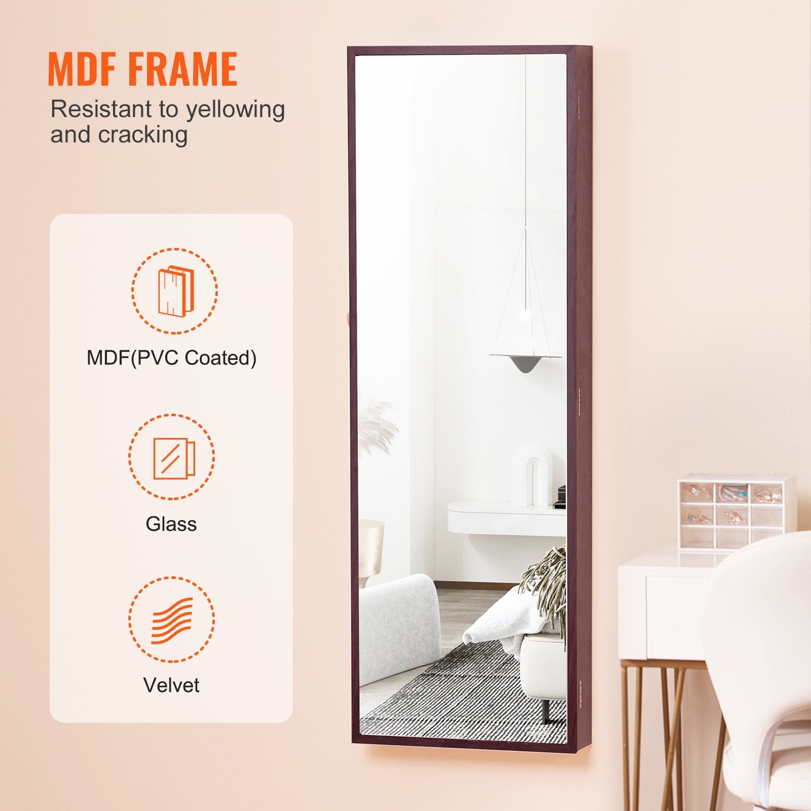 VEVOR 2-in-1 spoguļu rotaslietu skapītis – 108 cm, slēdzams, piekarināms pie sienas vai durvīm, brūns
