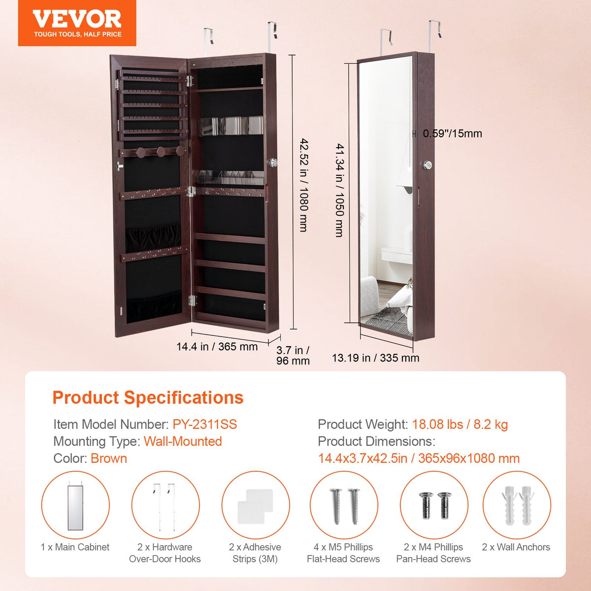 VEVOR 2-in-1 spoguļu rotaslietu skapītis – 108 cm, slēdzams, piekarināms pie sienas vai durvīm, brūns