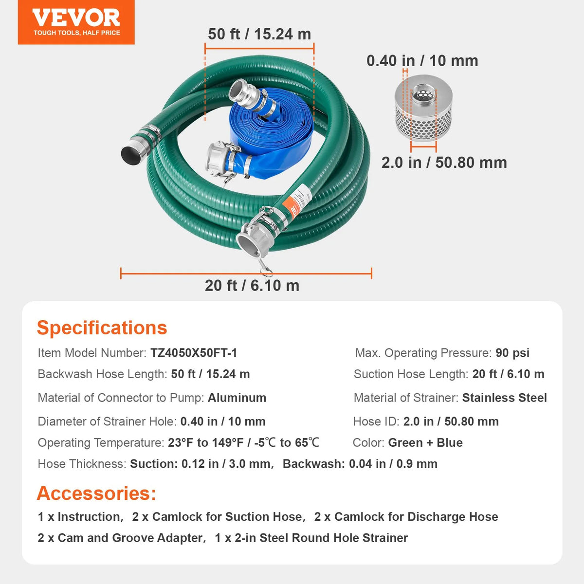 VEVOR sūkšanas šļūteņu komplekts ūdens sūkņiem, 51 mm × 15,2 m zilā skalošanas šļūtene, 6,1 m zaļā sūkšanas šļūtene, tērauda apaļo atveru filtrs, Camlock savienojumi, skavas un Cam & Groove adapteris, daudzfunkcionālai lietošanai