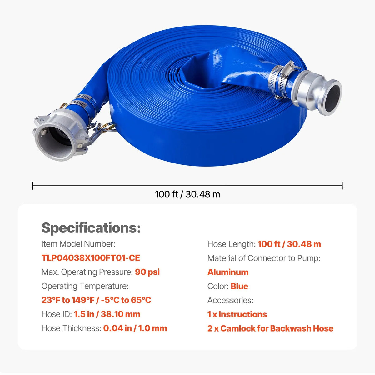 VEVOR skalošanas šļūtene, 38 mm × 30,5 m, augstas kvalitātes PVC šļūtene zilā krāsā ar skavām, Camlock savienojumu un alumīnija veidgabaliem, piemērota dažādiem sūkņiem notekūdeņu apstrādei, ūdens pārsūknēšanai un lauksaimniecībai