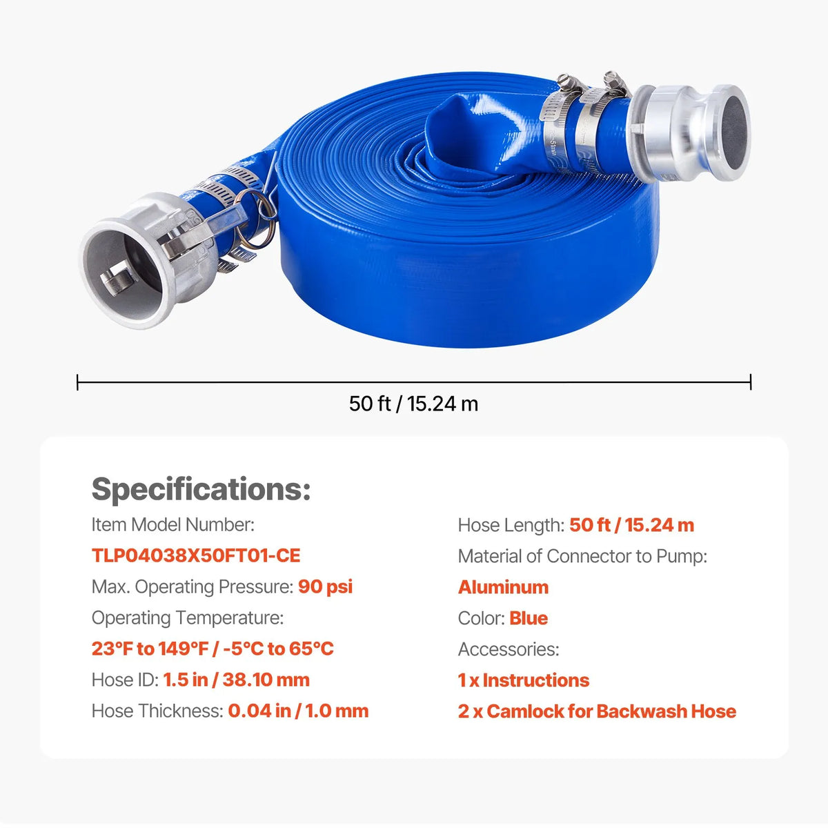 VEVOR skalošanas šļūtene, 38 mm × 15,2 m, augstas kvalitātes PVC šļūtene zilā krāsā ar skavām, Camlock savienojumiem un alumīnija veidgabaliem, piemērota dažādiem sūkņiem notekūdeņu apstrādei, ūdens pārsūknēšanai un lauksaimniecībai