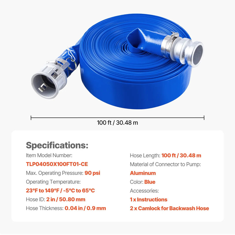 VEVOR skalošanas šļūtene, 51 mm × 30,5 m, augstas kvalitātes PVC šļūtene ar skavām, camlock savienojumu un alumīnija veidgabaliem, piemērota dažādiem sūkņiem, notekūdeņu apstrādei, ūdens pārsūknēšanai un lauksaimniecības darbiem