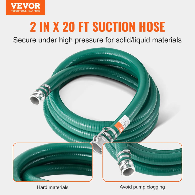 VEVOR sūkšanas šļūtene, 51 mm × 6,1 m, augstas kvalitātes zaļa šļūtene ar Camlock savienojumiem un alumīnija veidgabaliem, piemērota dažādiem sūkņiem notekūdeņu apstrādei, ūdens pārsūknēšanai un lauksaimniecībai