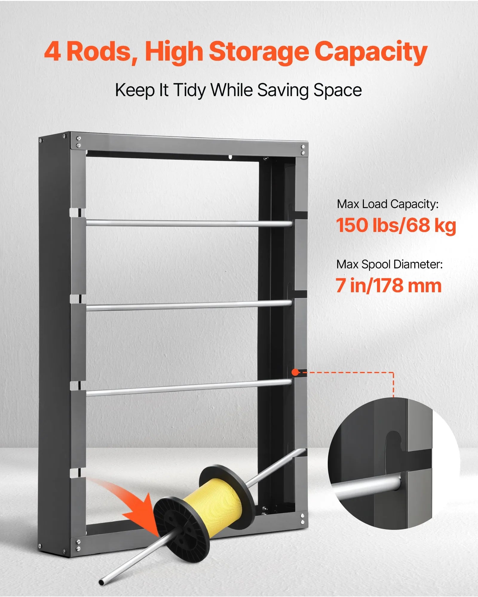 Wire reel stand with 4 adjustable rods - wall-mounted reel holder with 68 kg load capacity