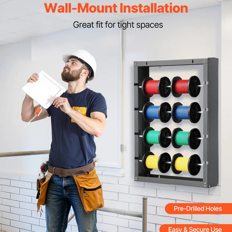 Vadu ruļļu statīvs ar 4 regulējamiem stieņiem — sienas stiprināms ruļļu turētājs ar 68 kg slodzes kapacitāti