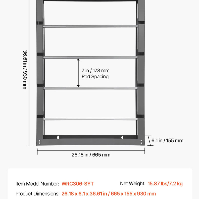 Vadu ruļļu statīvs ar 4 regulējamiem stieņiem — sienas stiprināms ruļļu turētājs ar 68 kg slodzes kapacitāti