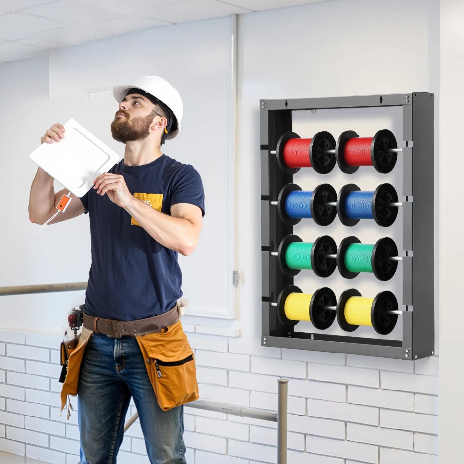 Wire reel stand with 4 adjustable rods - wall-mounted reel holder with 68 kg load capacity