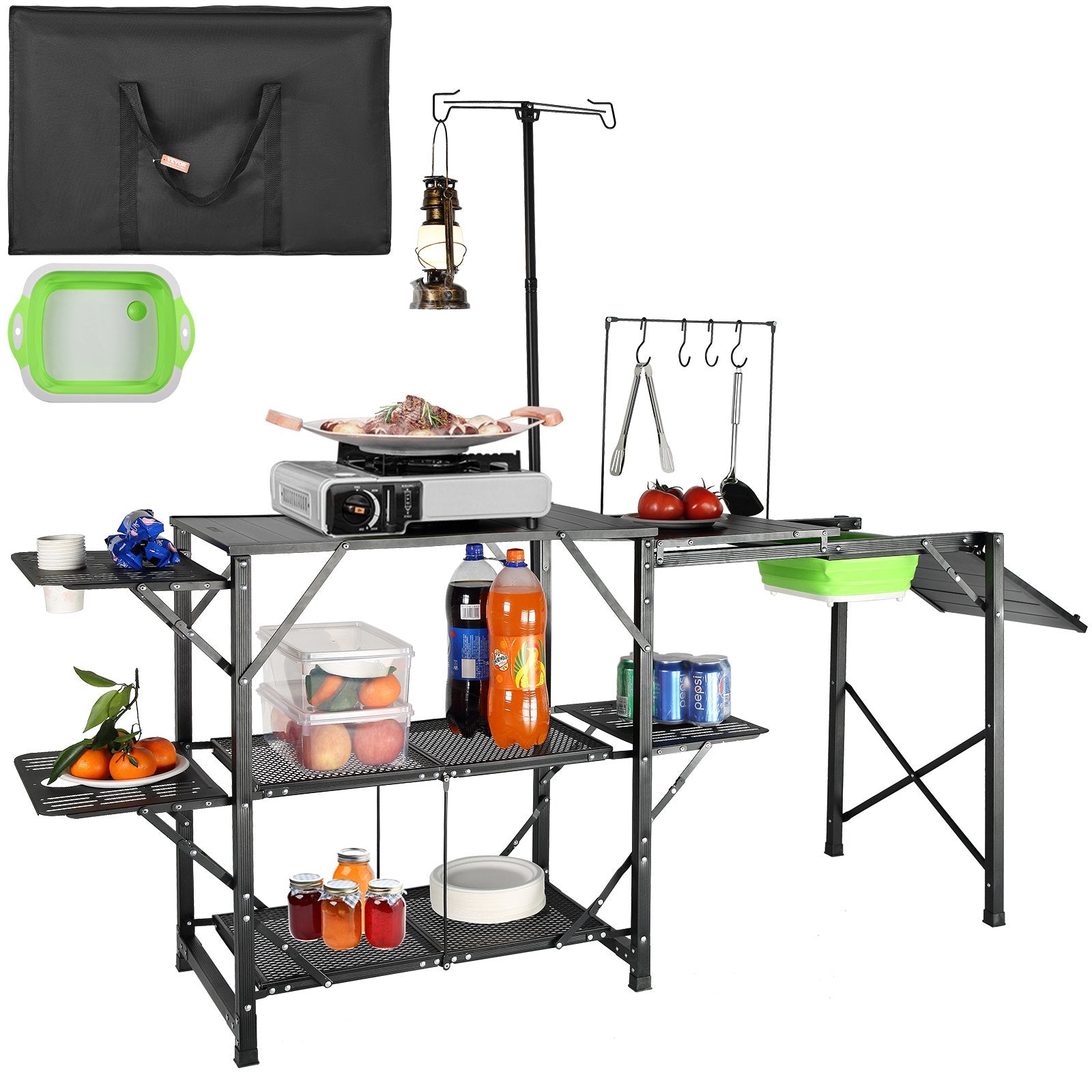 VEVOR Camping Kitchen Table – a one-piece, foldable, portable cooking station with a carrying bag, featuring 3 side tables, 2 shelves, and a removable sink – perfect for outdoor picnics, BBQs, and more.