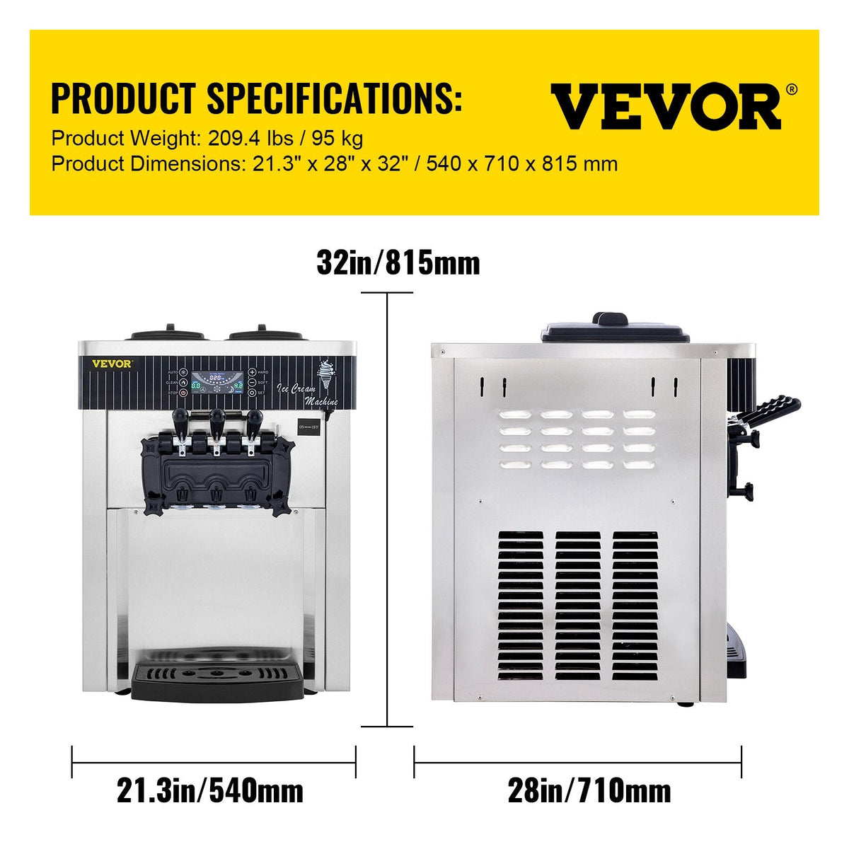 VEVOR 2200W Komerciālā Mīkstā Saldējuma Mašīna, 20–28 L/h, Galda Modelis, Piemērota Restorāniem, Bāriem, Kafejnīcām, Maiznīcām