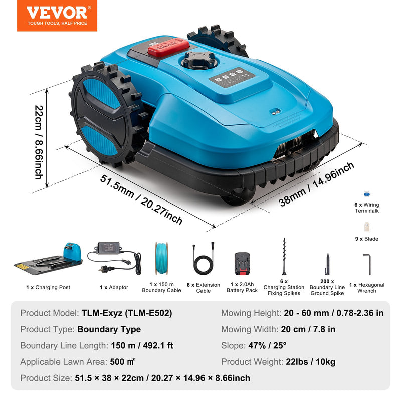 Pieejams 10 dienu laikā! VEVOR robotizēts zāles pļāvējs 500 m² zālienam 20V 4Ah APP Control zils