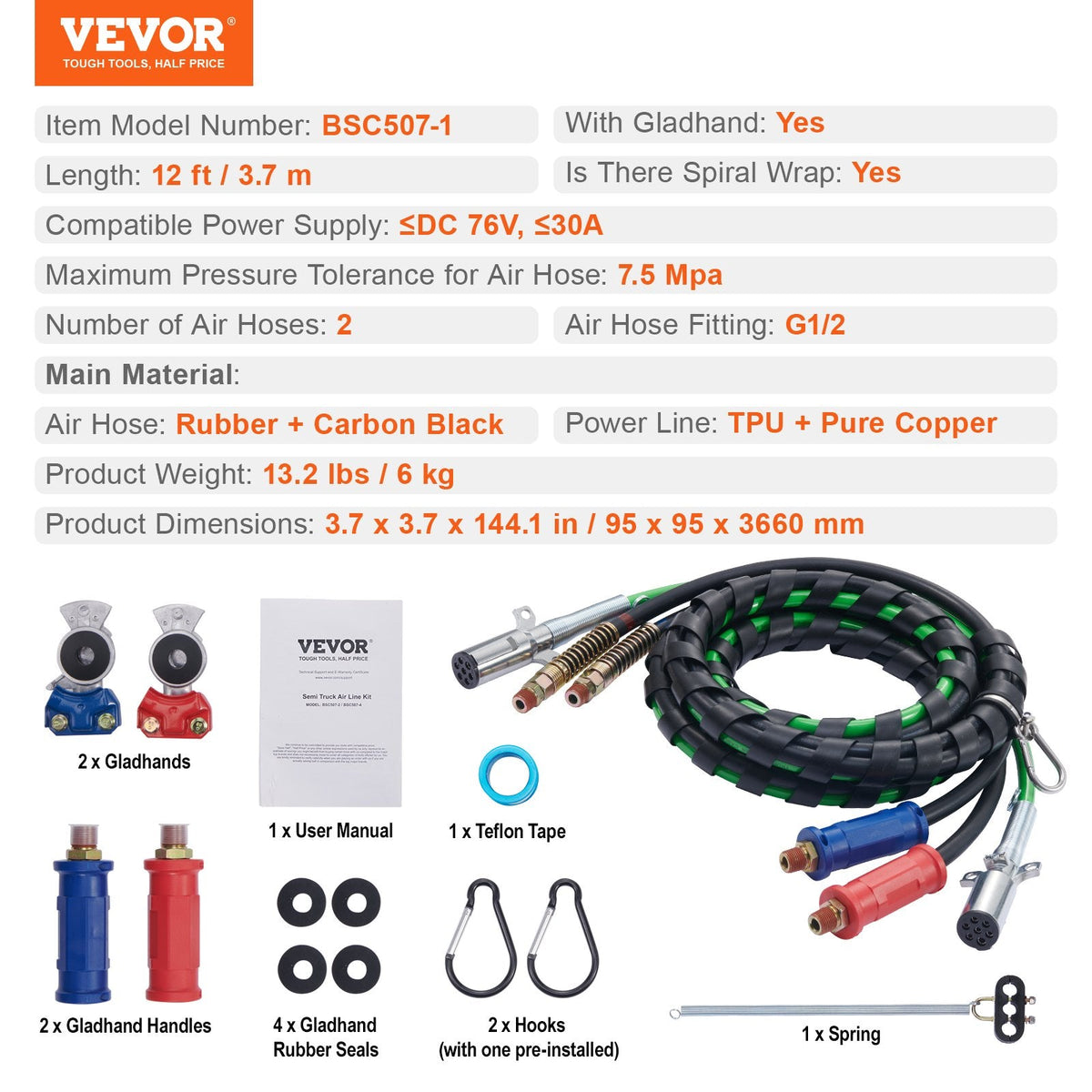 VEVOR 3,7 m 3-in-1 pneimatisko vadu komplekts kravas automašīnām ar ātrajiem savienotājiem un elektrisko vadu