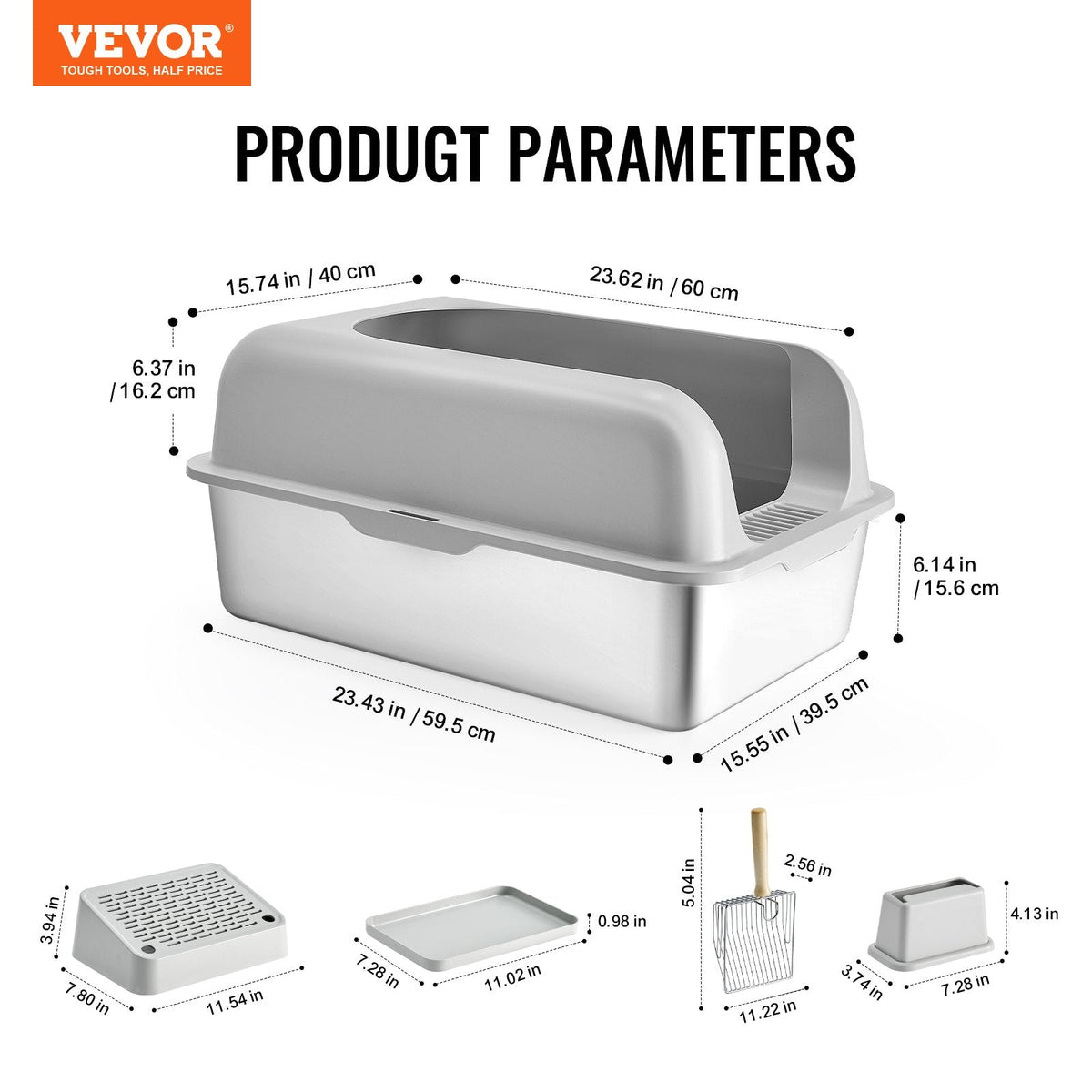 VEVOR īpaši liela nerūsējošā tērauda kaķu tualete ar 15 cm dziļumu, augstām malām, platu filtrējošu pakāpienu un lāpstiņu, viegli tīrāma un bez smaržas, piemērota lieliem kaķiem