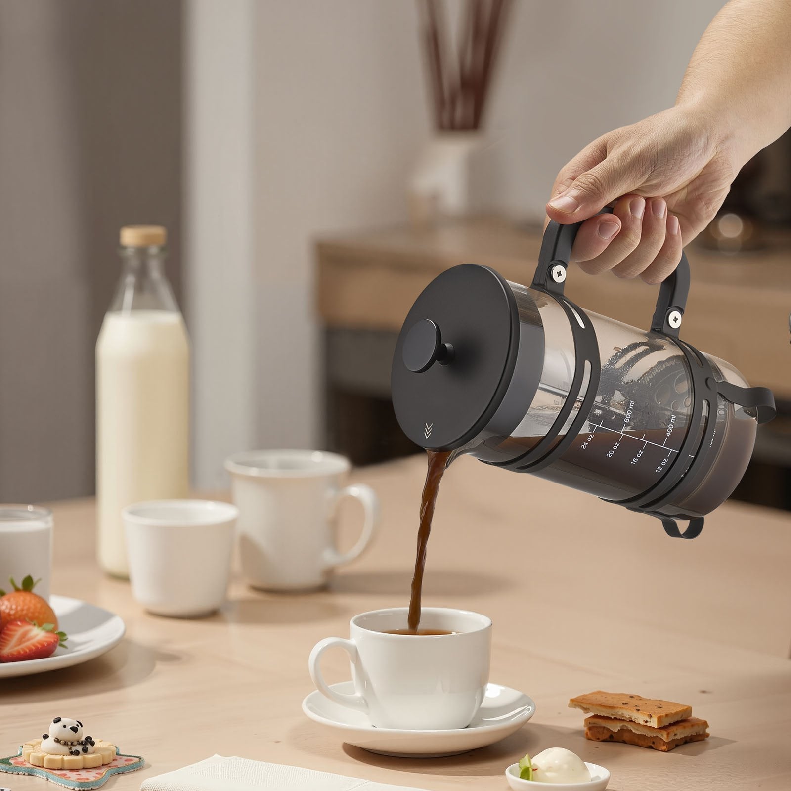 Franču kafijas prese, 1 l borosilikāta stikla ar nerūsējošā tērauda filtru, piemērota kafijai, tējai un aukstajai brūvēšanai, kempingam, ceļošanai un mājas virtuvei, sudraba krāsa
