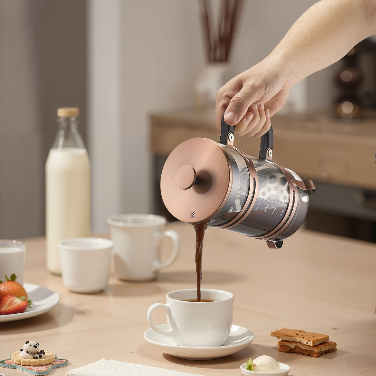 Franču kafijas prese, 1 l borosilikāta stikla ar nerūsējošā tērauda filtru, piemērota kafijai, tējai un aukstajai brūvēšanai, kempingam, ceļošanai un mājas virtuvei, vara krāsa