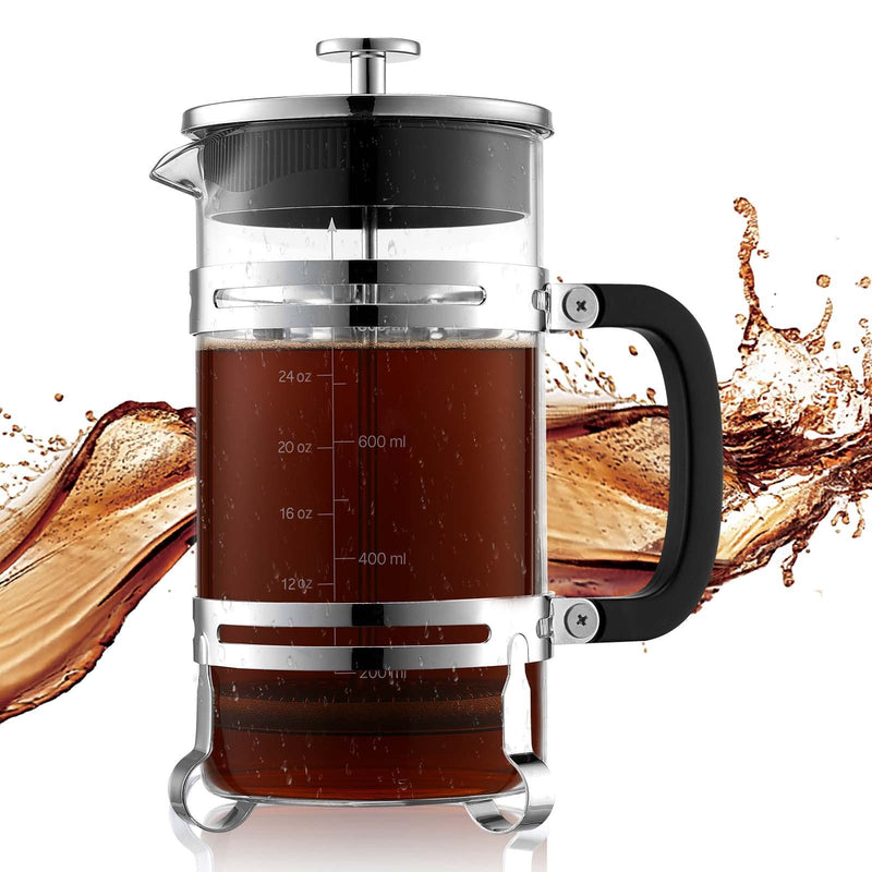 Franču kafijas prese, 1 l borosilikāta stikla ar nerūsējošā tērauda filtru, piemērota kafijai, tējai un aukstajai brūvēšanai, kempingam, ceļošanai un mājas virtuvei, sudraba krāsa