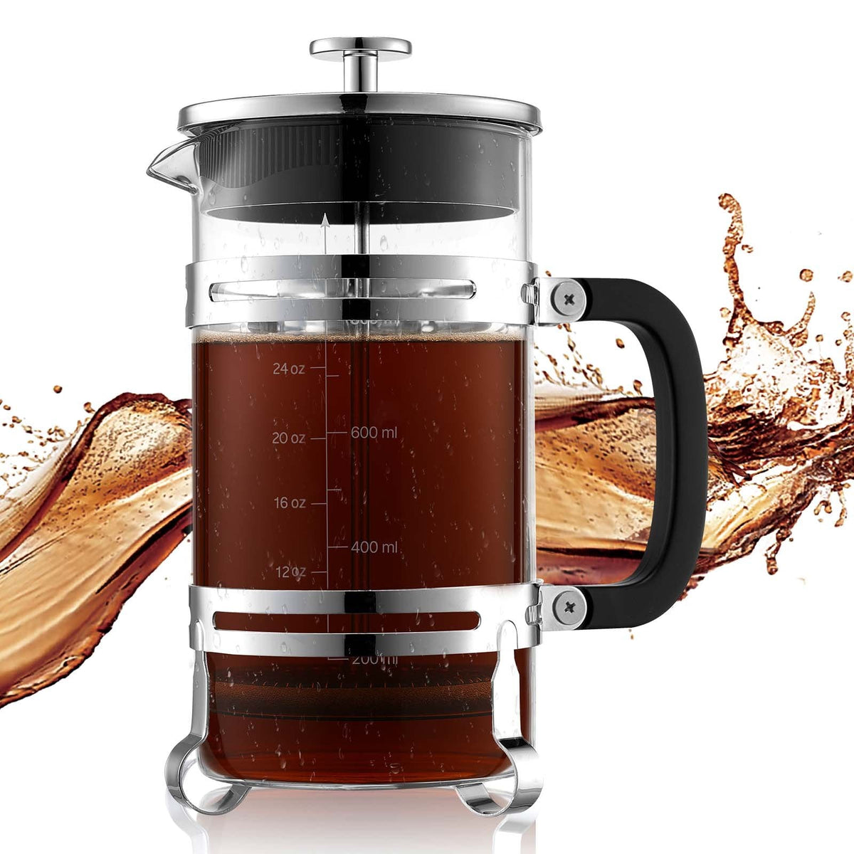 Franču kafijas prese, 1 l borosilikāta stikla ar nerūsējošā tērauda filtru, piemērota kafijai, tējai un aukstajai brūvēšanai, kempingam, ceļošanai un mājas virtuvei, sudraba krāsa