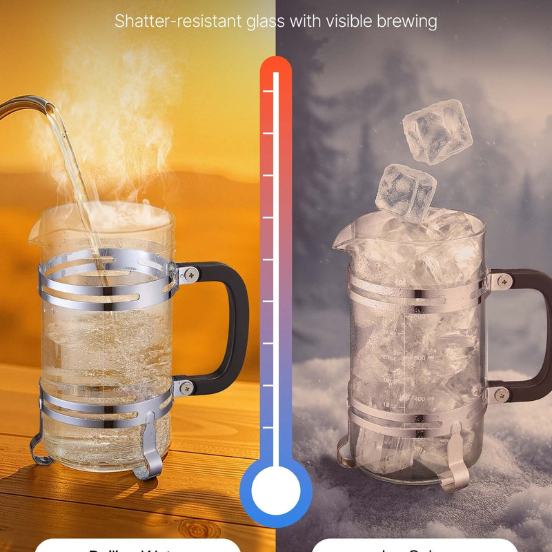 Franču kafijas prese, 1 l borosilikāta stikla ar nerūsējošā tērauda filtru, piemērota kafijai, tējai un aukstajai brūvēšanai, kempingam, ceļošanai un mājas virtuvei, sudraba krāsa