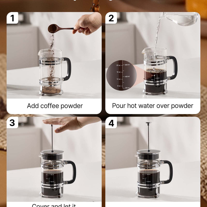 Franču kafijas prese, 1 l borosilikāta stikla ar nerūsējošā tērauda filtru, piemērota kafijai, tējai un aukstajai brūvēšanai, kempingam, ceļošanai un mājas virtuvei, sudraba krāsa
