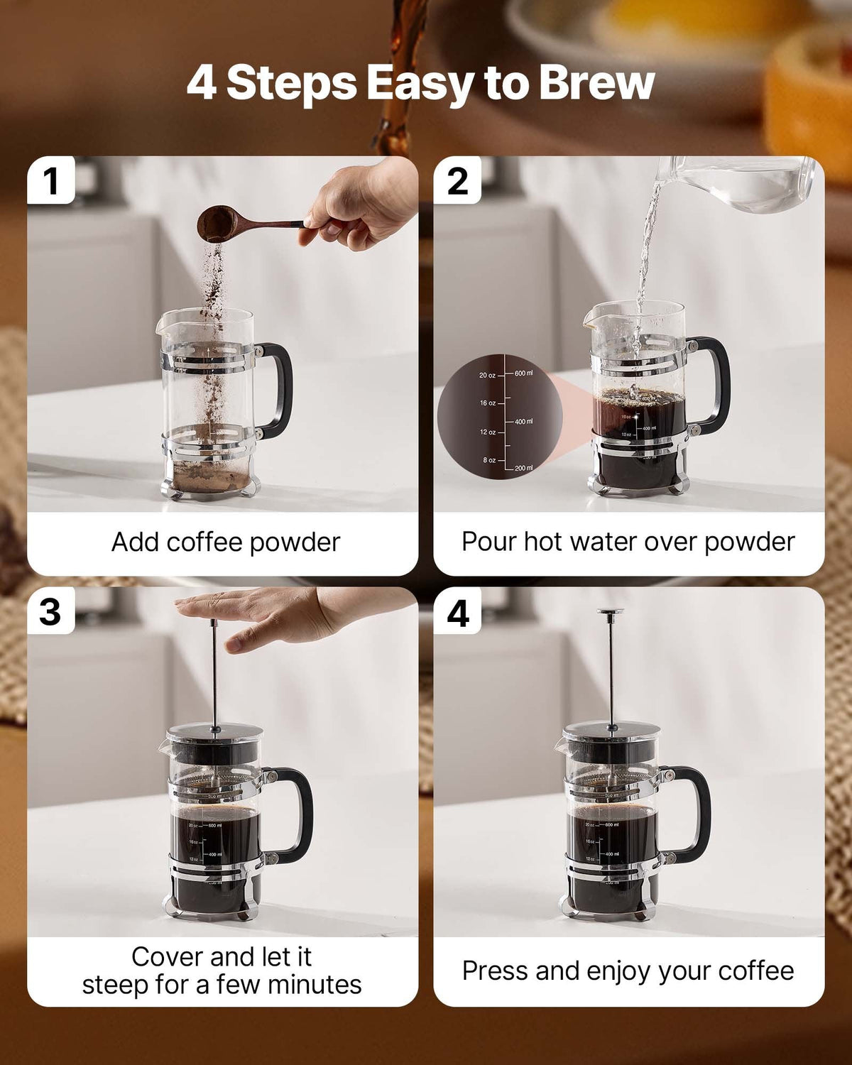 Franču kafijas prese, 1 l borosilikāta stikla ar nerūsējošā tērauda filtru, piemērota kafijai, tējai un aukstajai brūvēšanai, kempingam, ceļošanai un mājas virtuvei, sudraba krāsa