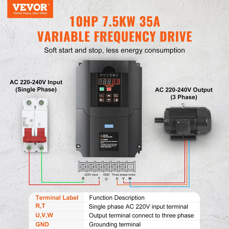 VEVOR frekvences pārveidotājs 7,5 kW 35 A ar 1 vai 3 fāžu 220 V ieeju uz 3 fāžu 220 V izeju, 40–60 Hz ieeja un 0–400 Hz izeja CNC vārpstas motora ātruma kontrolei