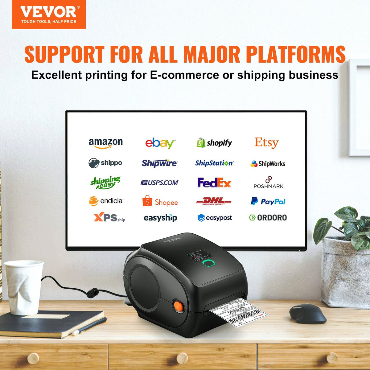 VEVOR termodrukas etiķešu printeris 4×6, 300 DPI, USB/Bluetooth, saderīgs ar Amazon, eBay, Etsy, UPS