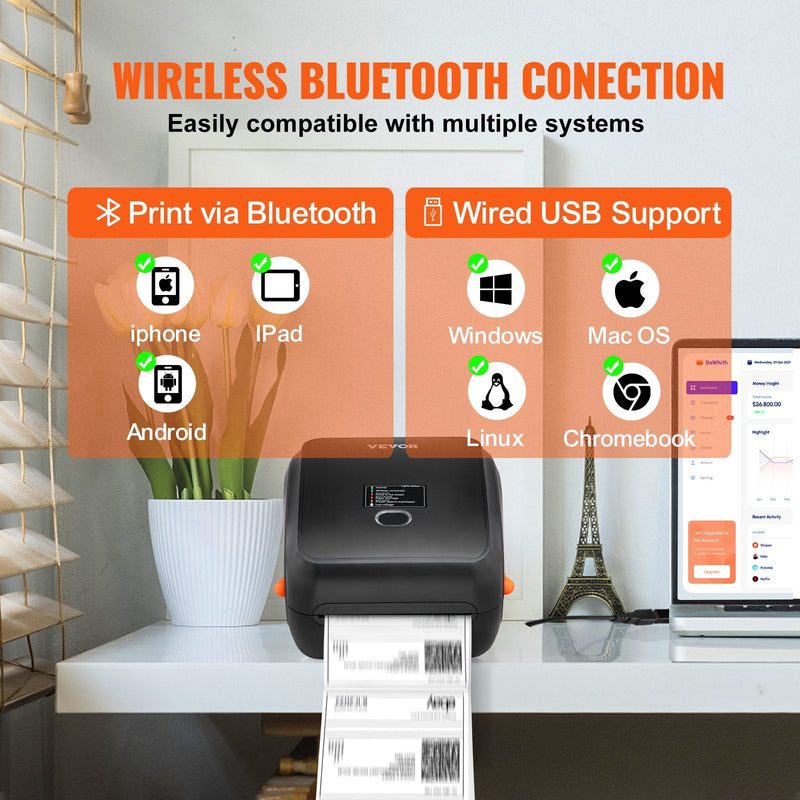 VEVOR termodrukas etiķešu printeris 4×6, 300 DPI, USB/Bluetooth, saderīgs ar Amazon, eBay, Etsy, UPS