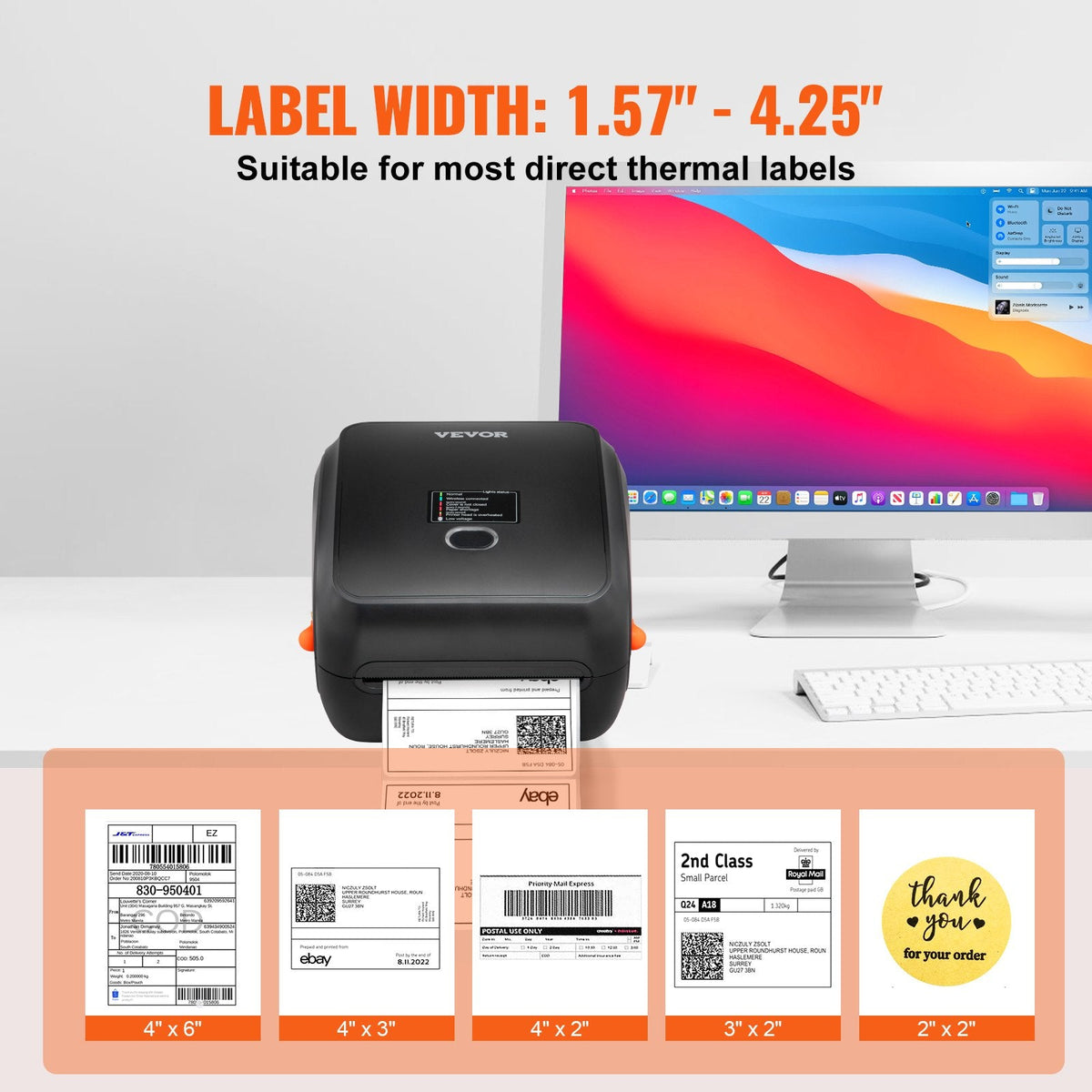 VEVOR termodrukas etiķešu printeris 4×6, 300 DPI, USB/Bluetooth, saderīgs ar Amazon, eBay, Etsy, UPS