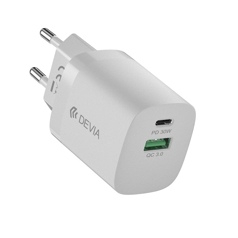 Devia Smart PD GaN 30W sienas lādētājs ar 1x USB-C un 1x USB-A portu, balts