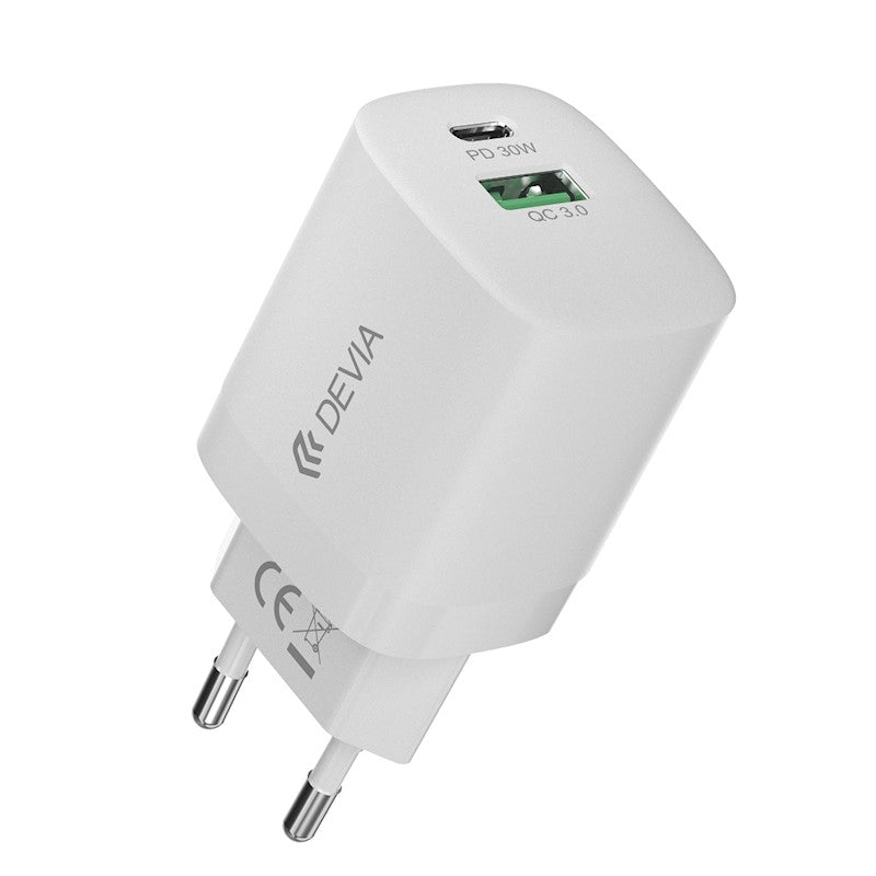 Devia Smart PD GaN 30W sienas lādētājs ar 1x USB-C un 1x USB-A portu, balts