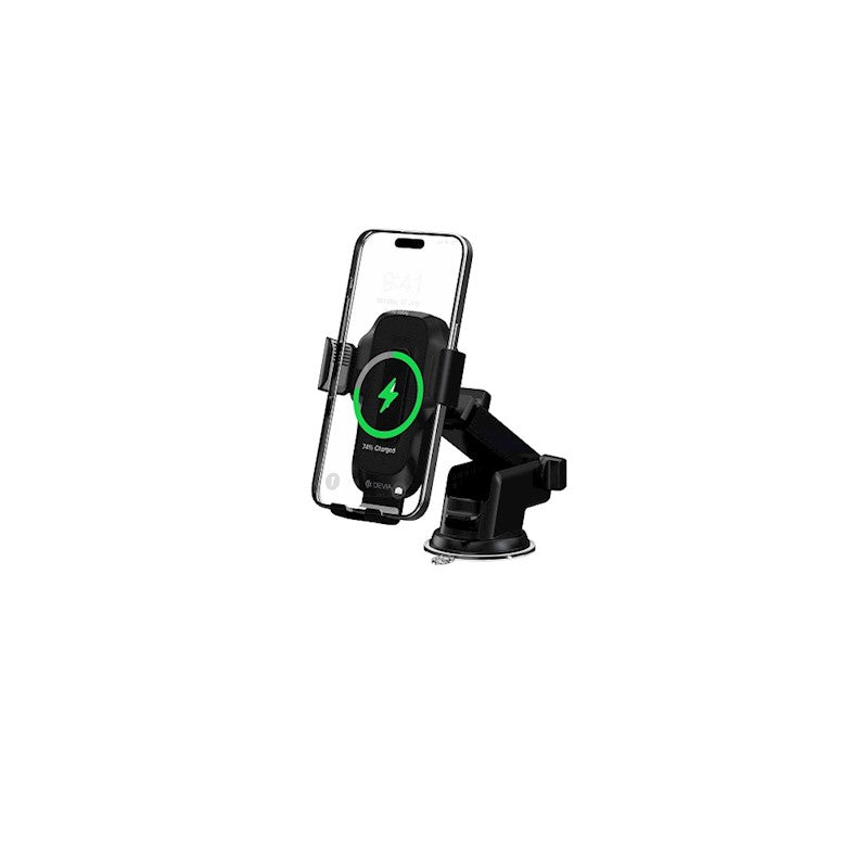 Devia automašīnas turētājs ar 15 W bezvadu lādētāju, piesūceknis, melns