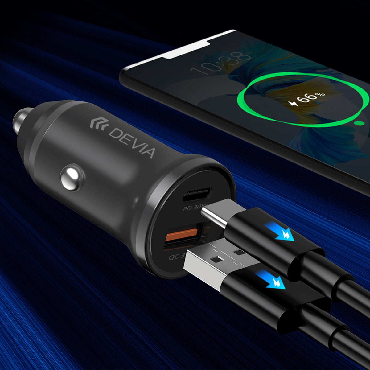 Devia Smart Mini auto lādētājs, 30W, USB-A+USB-C, PD/QC 3.0, melns