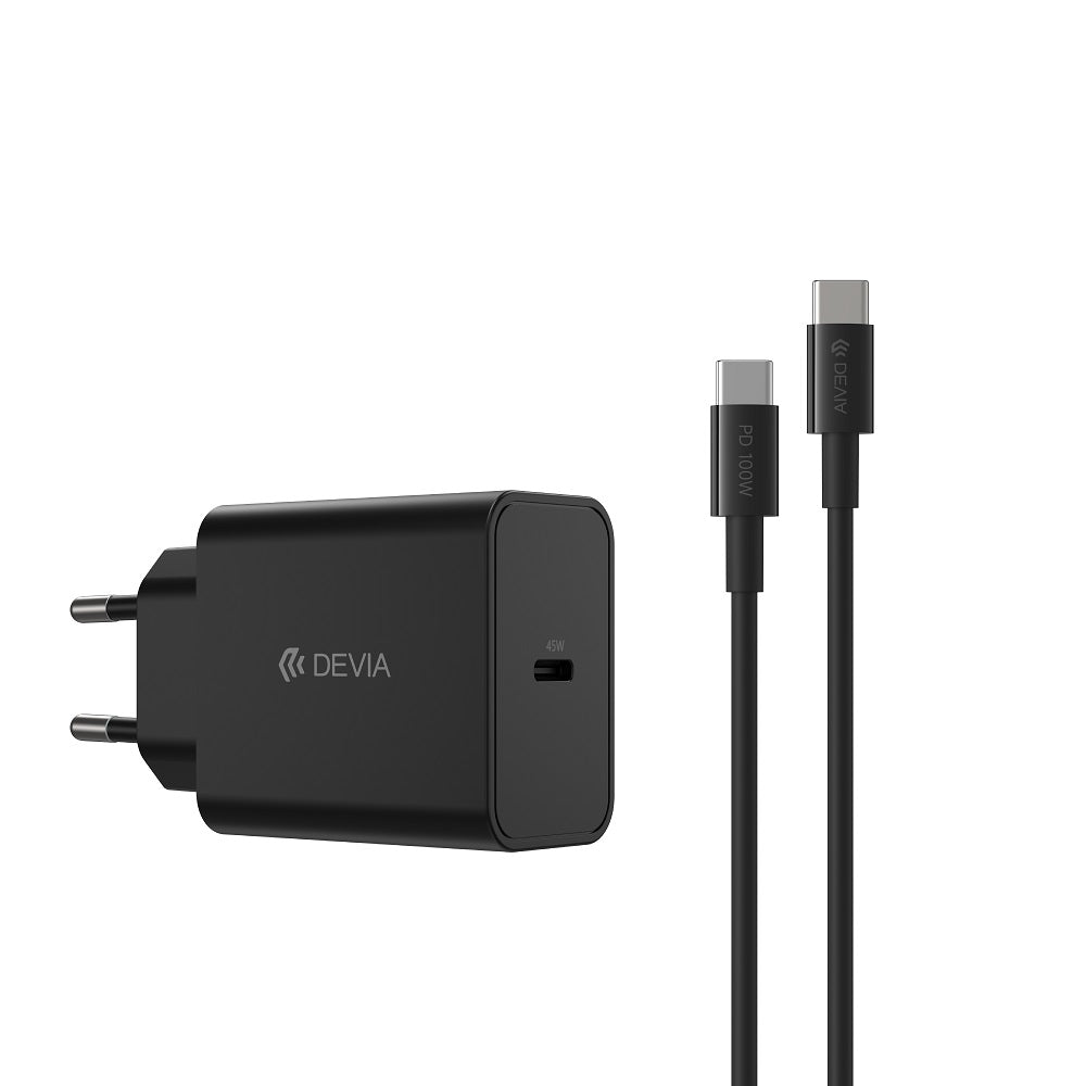 Devia Rocket PD sienas lādētājs ar 1 USB-C pieslēgvietu un USB-C–USB-C kabeli, 45 W, melns