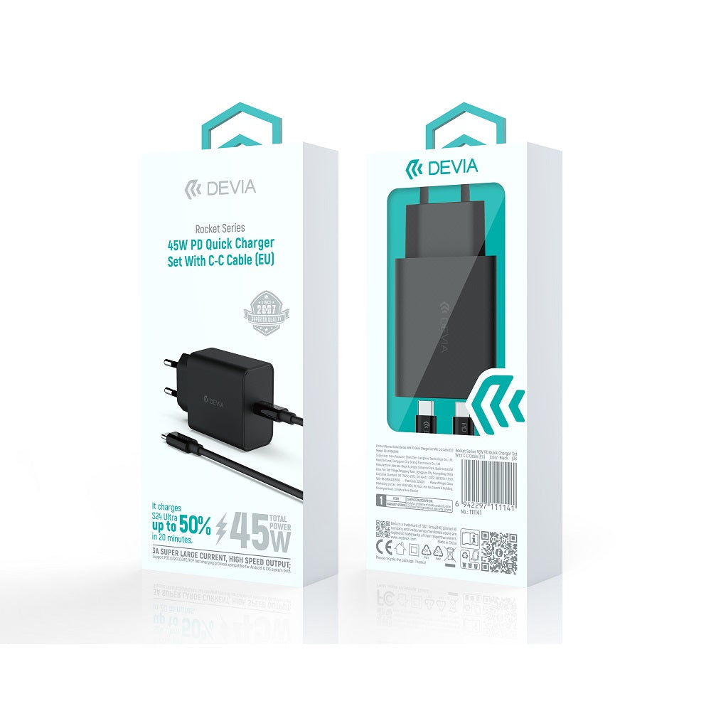 Devia Rocket PD sienas lādētājs ar 1 USB-C pieslēgvietu un USB-C–USB-C kabeli, 45 W, melns