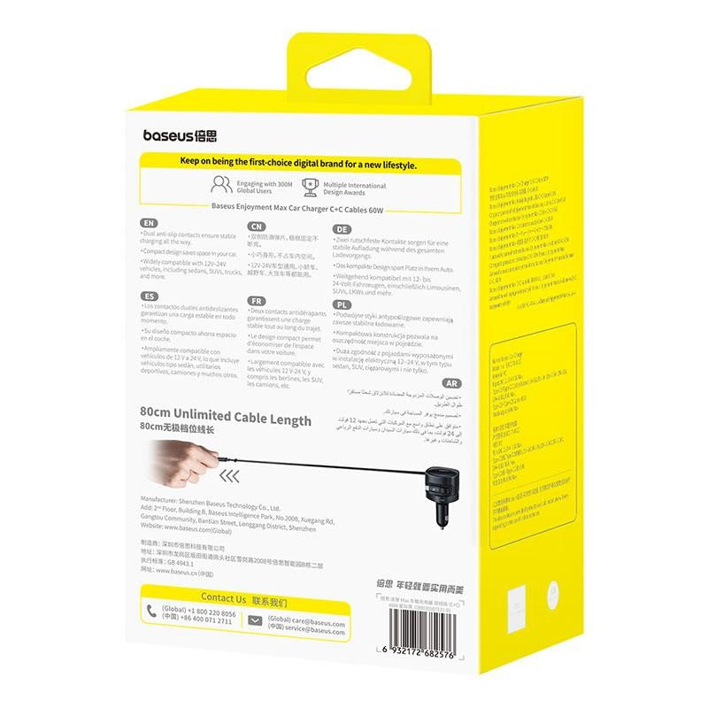 Baseus automašīnas lādētājs 2×USB-C, 60 W, melns