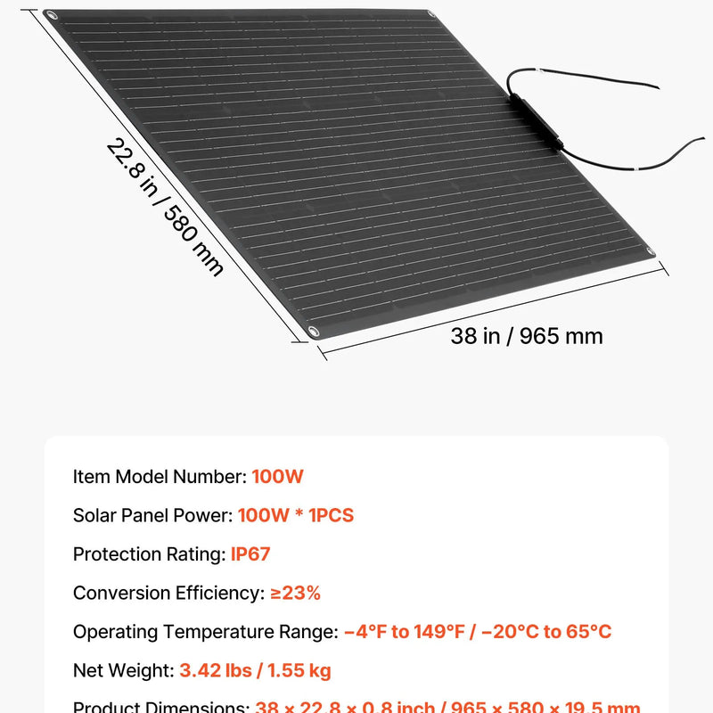VEVOR elastīgs saules panelis 100 W, daļēji elastīgs lokāms monokristāliskais saules panelis ar 23 % efektivitāti, autonomais lādētājs ar MC4 savienojumu, IP67 ūdensizturīgs, paredzēts jūras transportam, kemperiem, automašīnām un izliektām virsmām
