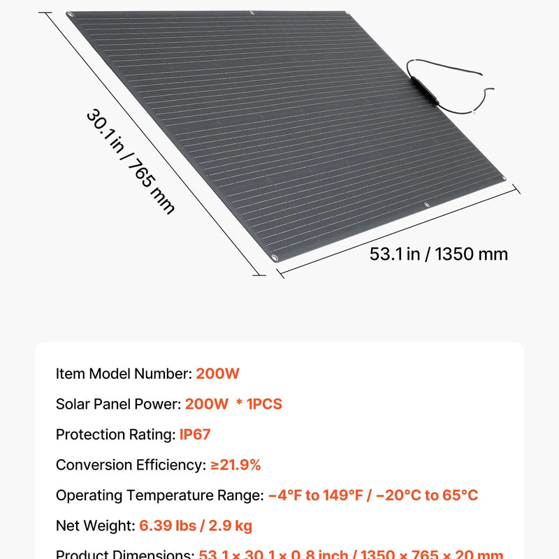 VEVOR elastīgs saules panelis, 200 W, daļēji elastīgs liekams monokristālisks saules panelis, 21,9 % efektivitāte, autonomai elektroapgādei ar MC4 izeju, IP67 ūdensizturīgs kuģiem, kemperiem, automašīnām un izliektām virsmām