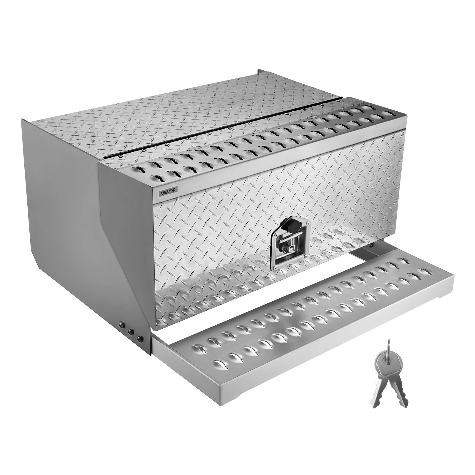 VEVOR puspiekabes pakāpiena instrumentu kaste, 760 × 750 × 400 mm, izturīga alumīnija rievotā instrumentu kaste ar ūdensizturīgu konstrukciju, kabīnes pakāpi, T veida roktura slēdzeni un atslēgām, piemērota platformām un puspiekabēm.