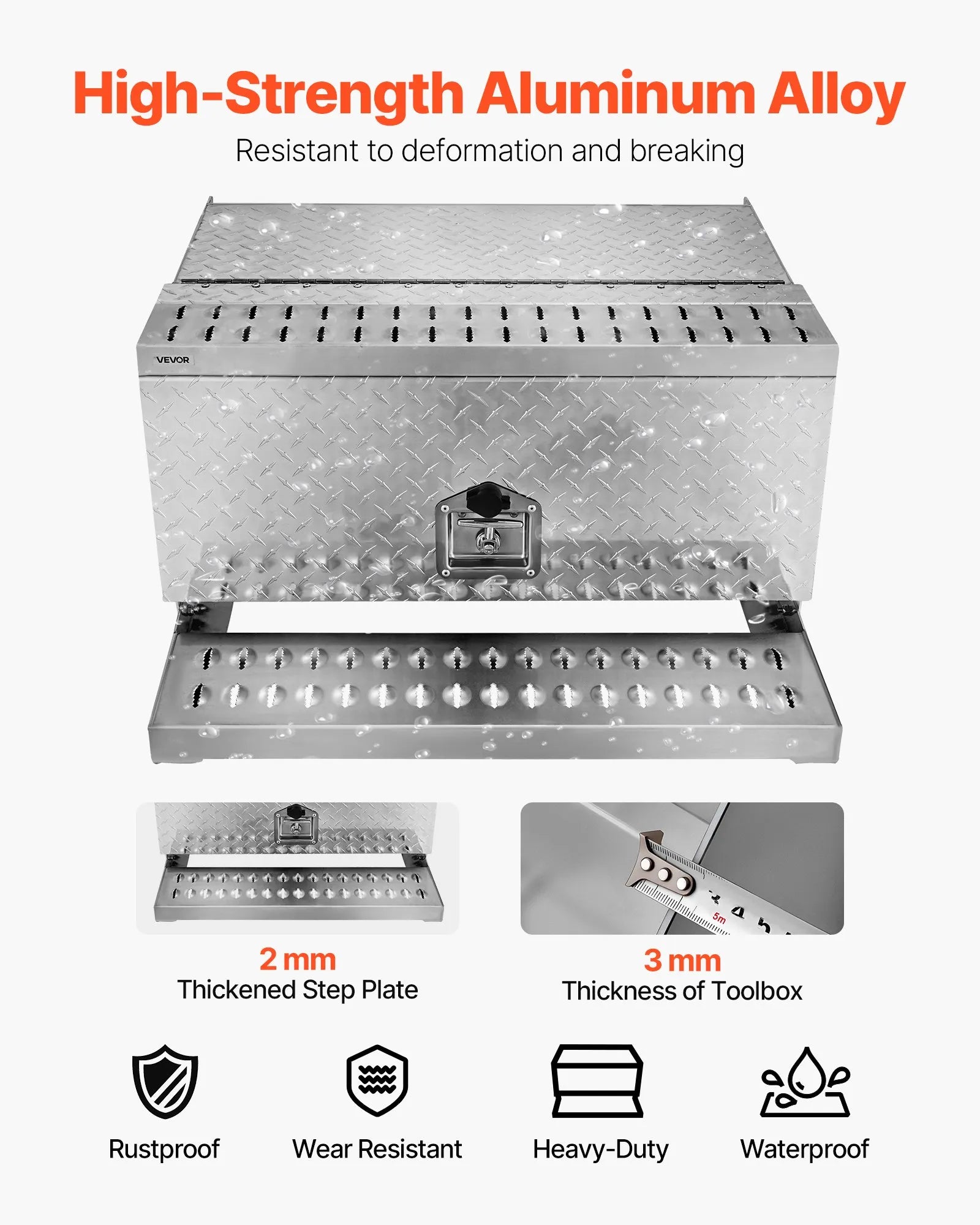 VEVOR puspiekabes pakāpiena instrumentu kaste, 760 × 750 × 400 mm, izturīga alumīnija rievotā instrumentu kaste ar ūdensizturīgu konstrukciju, kabīnes pakāpi, T veida roktura slēdzeni un atslēgām, piemērota platformām un puspiekabēm.