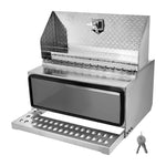 VEVOR puspiekabes pakāpiena instrumentu kaste, 760 × 750 × 400 mm, izturīga alumīnija rievotā instrumentu kaste ar ūdensizturīgu konstrukciju, kabīnes pakāpi, T veida roktura slēdzeni un atslēgām, piemērota platformām un puspiekabēm.