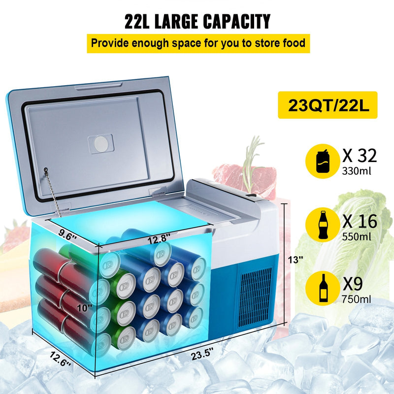 22L VEVOR automašīnas ledusskapis/saldētava, ideāls risinājums automašīnām, kravas automašīnām, treileriem, laivām, kā arī lietošanai mājās vai āra aktivitātēs, piemēram, ceļojumos, makšķerēšanā un kempingā.