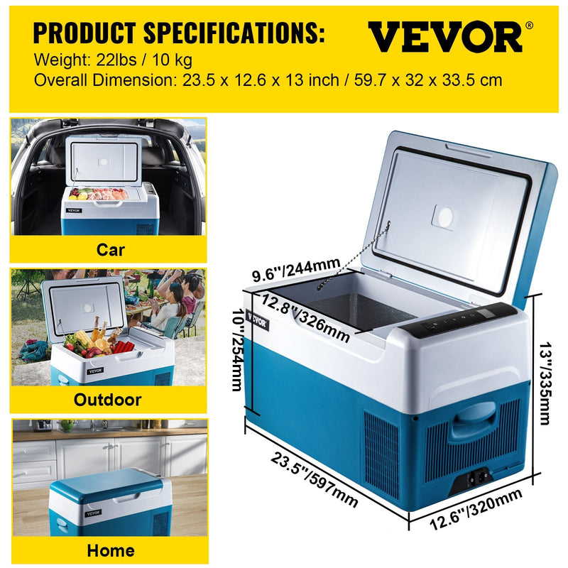 22L VEVOR automašīnas ledusskapis/saldētava, ideāls risinājums automašīnām, kravas automašīnām, treileriem, laivām, kā arī lietošanai mājās vai āra aktivitātēs, piemēram, ceļojumos, makšķerēšanā un kempingā.