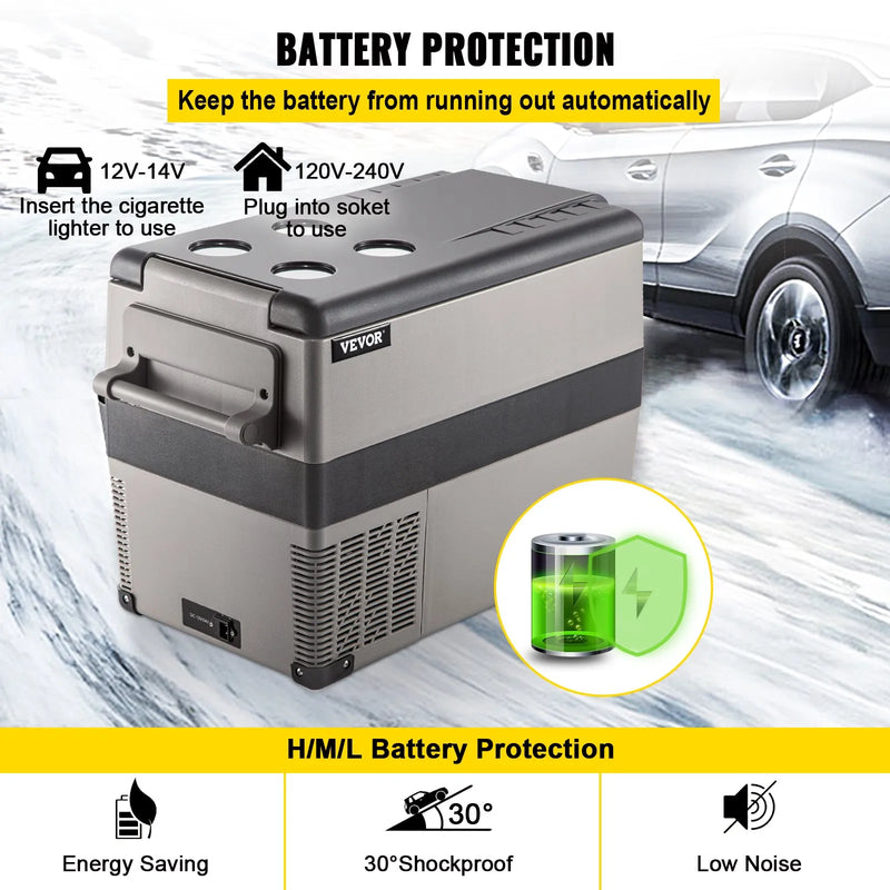 45L VEVOR 45W automašīnas ledusskapis/saldētava, ideāls risinājums automašīnām, kravas automašīnām, treileriem, laivām, kā arī lietošanai mājās vai āra aktivitātēs, piemēram, ceļojumos, makšķerēšanā un kempingā.