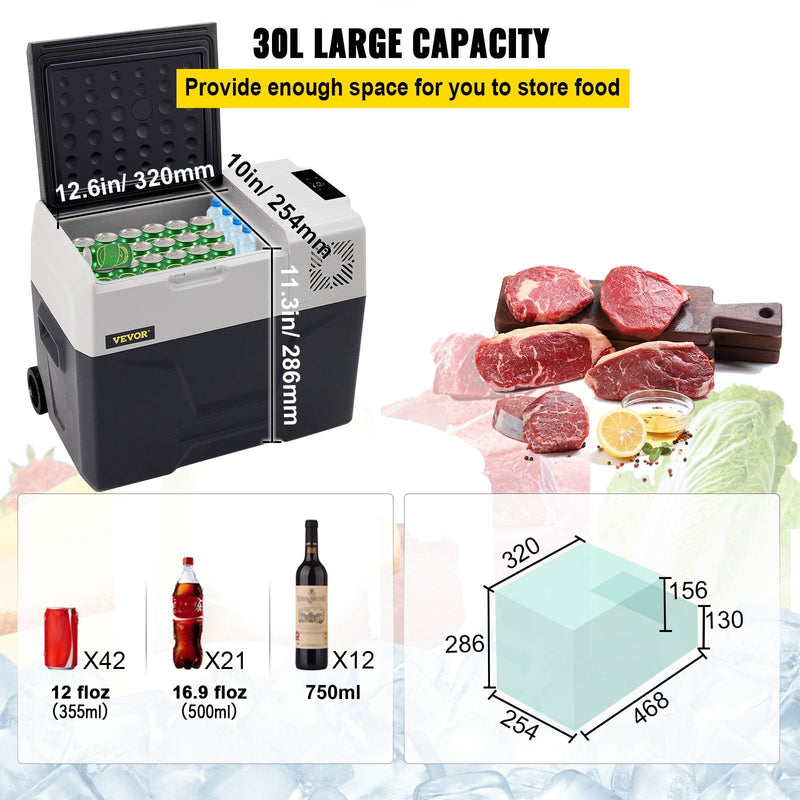 30L VEVOR automašīnas ledusskapis/saldētava, ideāls risinājums automašīnām, kravas automašīnām, treileriem, laivām, kā arī lietošanai mājās vai āra aktivitātēs, piemēram, ceļojumos, makšķerēšanā un kempingā.