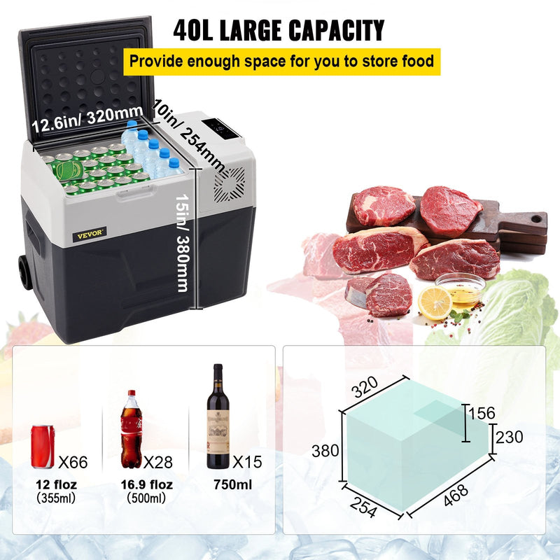 40L VEVOR automašīnas ledusskapis/saldētava, ideāls risinājums automašīnām, kravas automašīnām, treileriem, laivām, kā arī lietošanai mājās vai āra aktivitātēs, piemēram, ceļojumos, makšķerēšanā un kempingā.